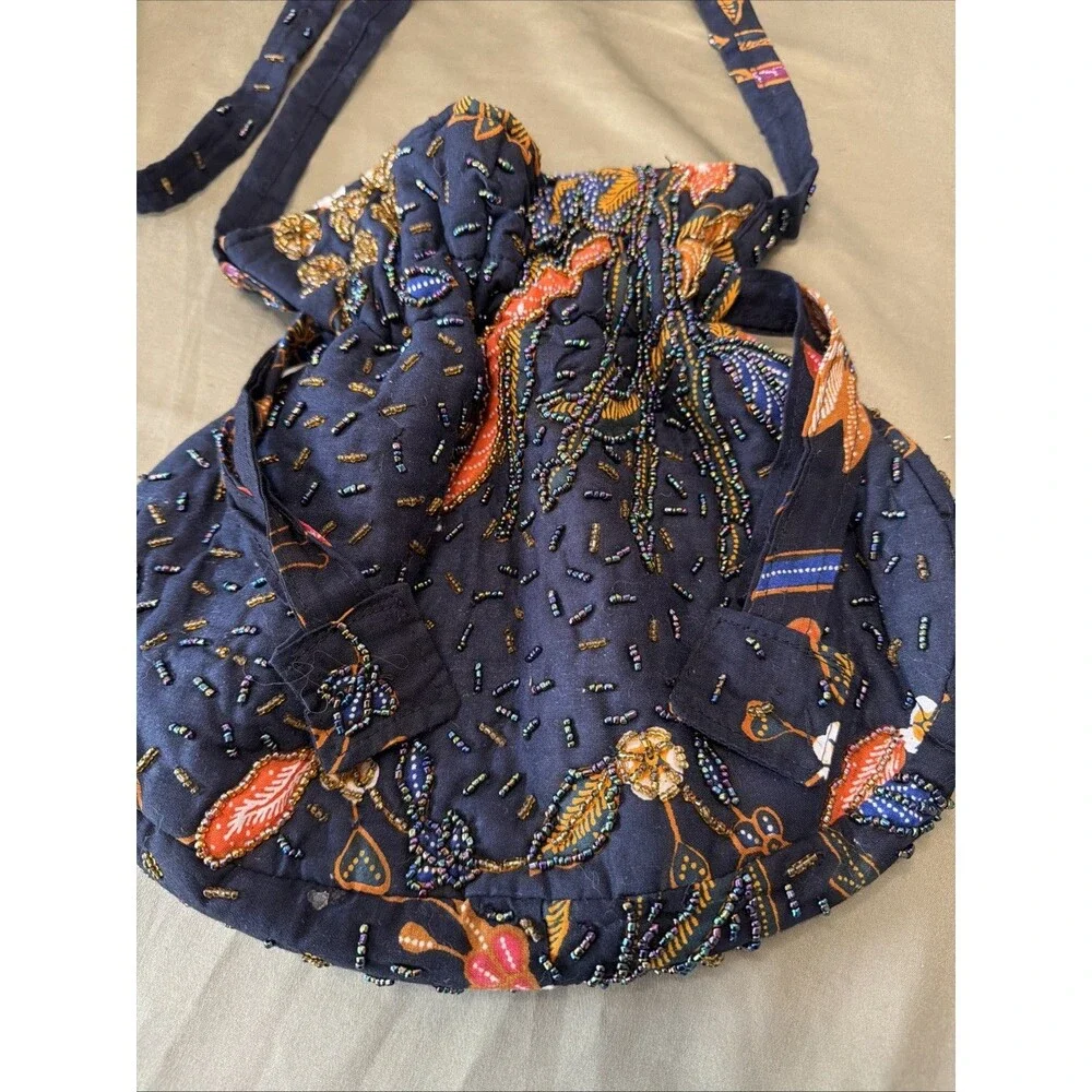 Vtg RAJA COLLECTION Bali Handmade Beaded Drawstring Bag Multi Black Crossbody